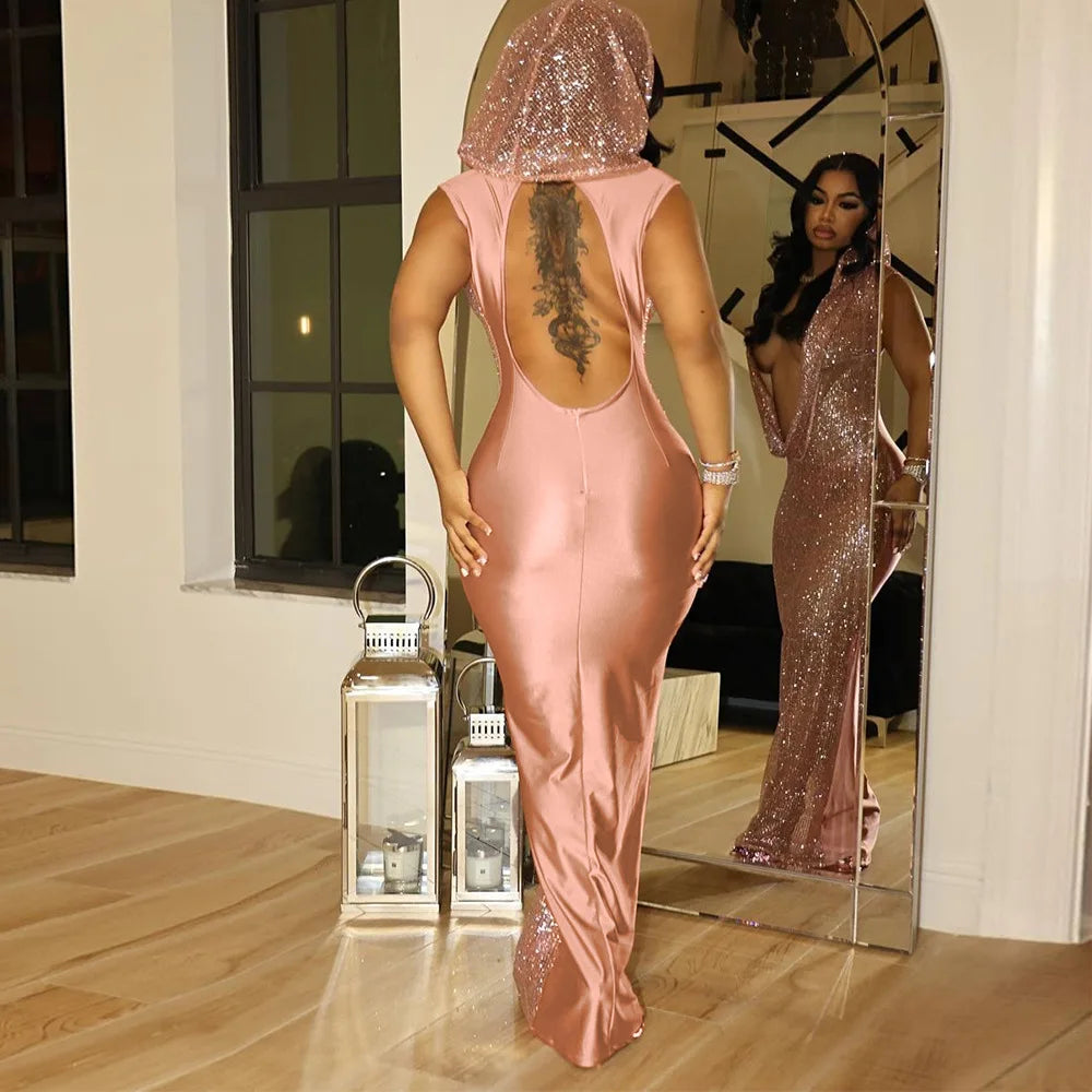 Hooded Headscarf Sequined Maxi Dress
