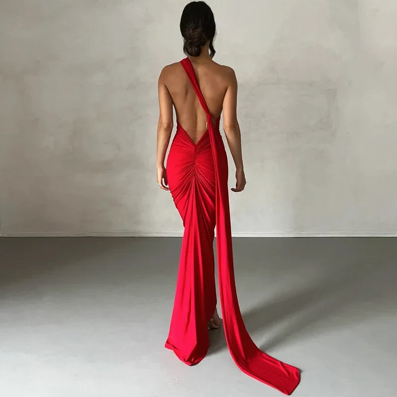 Oblique Backless Ruched Maxi Dress