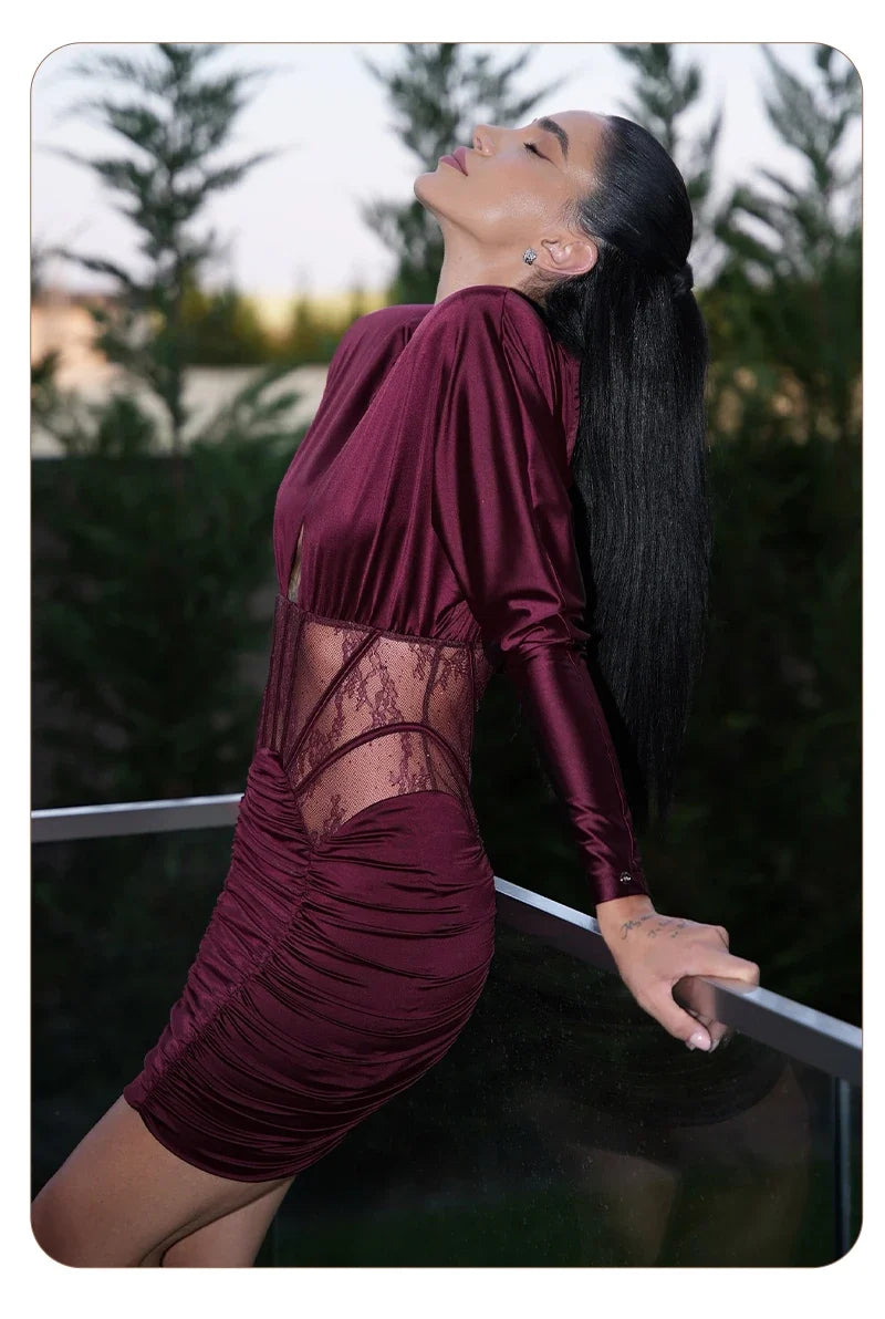Burgundy Satin Corset Ruched Dress