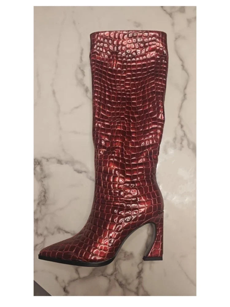 Crocodile Chunky Heel Boots