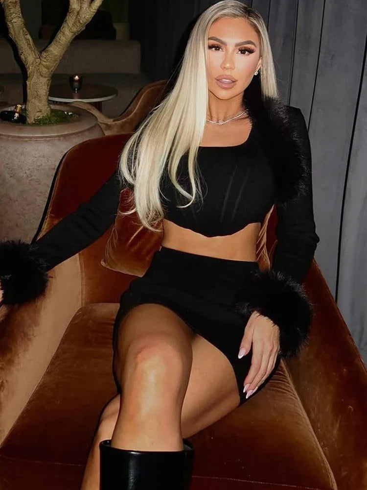 Fur Shawl Top Skirt Set