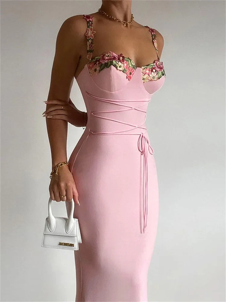 Embroidered Flowers Midi Dress