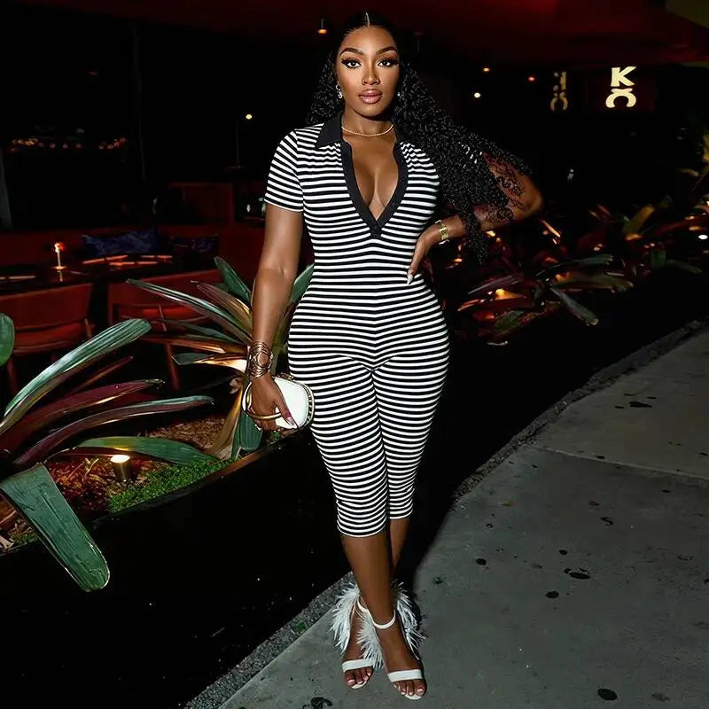 Deep V-Neck Striped Romper