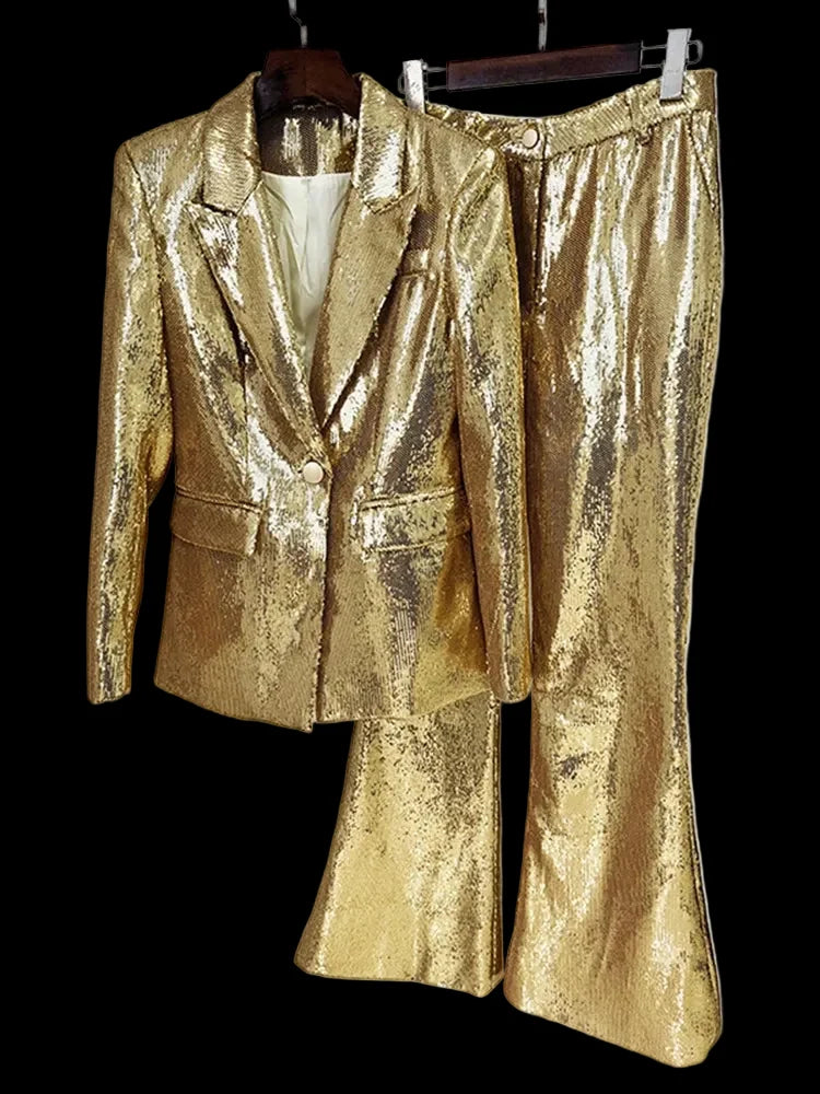 Luxury Gold Sequin Blazer Pants Set