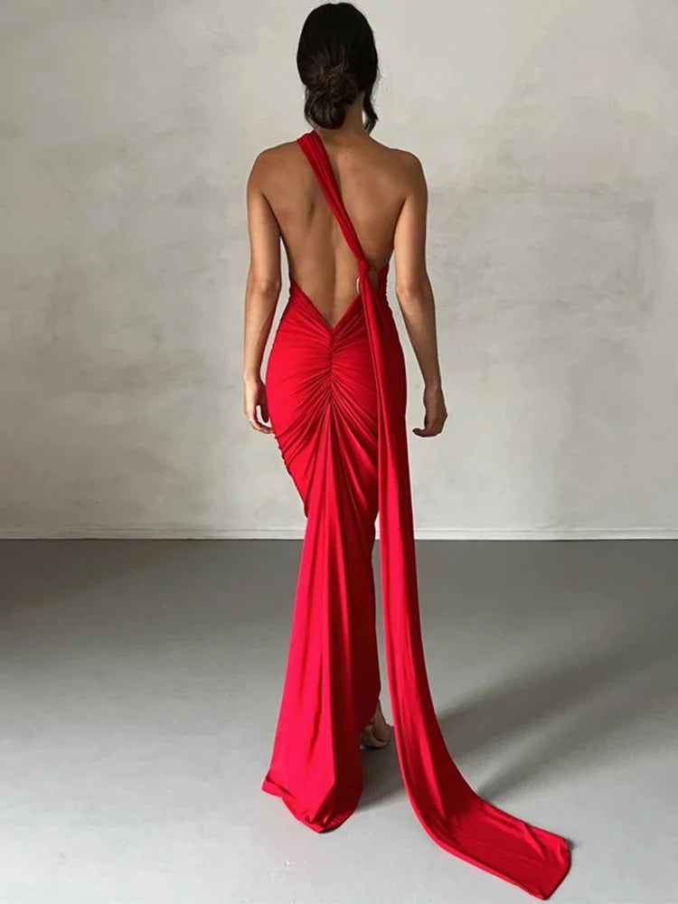 Oblique Backless Ruched Maxi Dress
