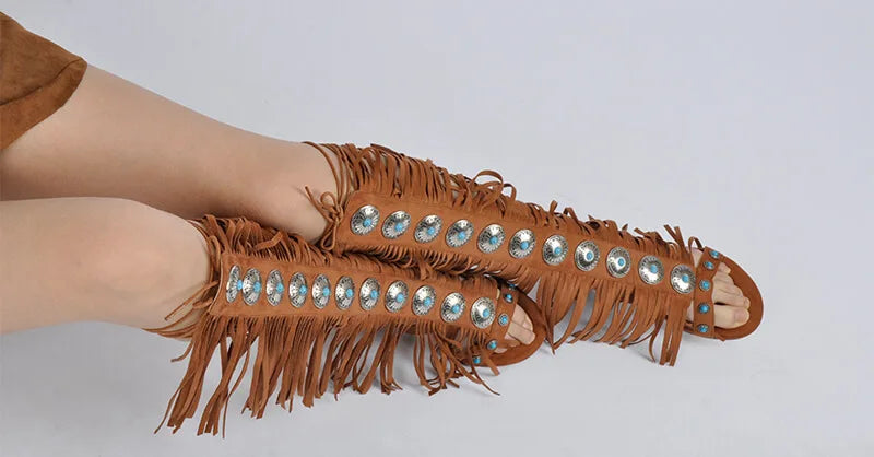 Lace Up Fringe Sandals