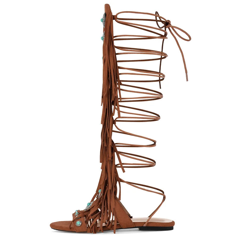 Lace Up Fringe Sandals