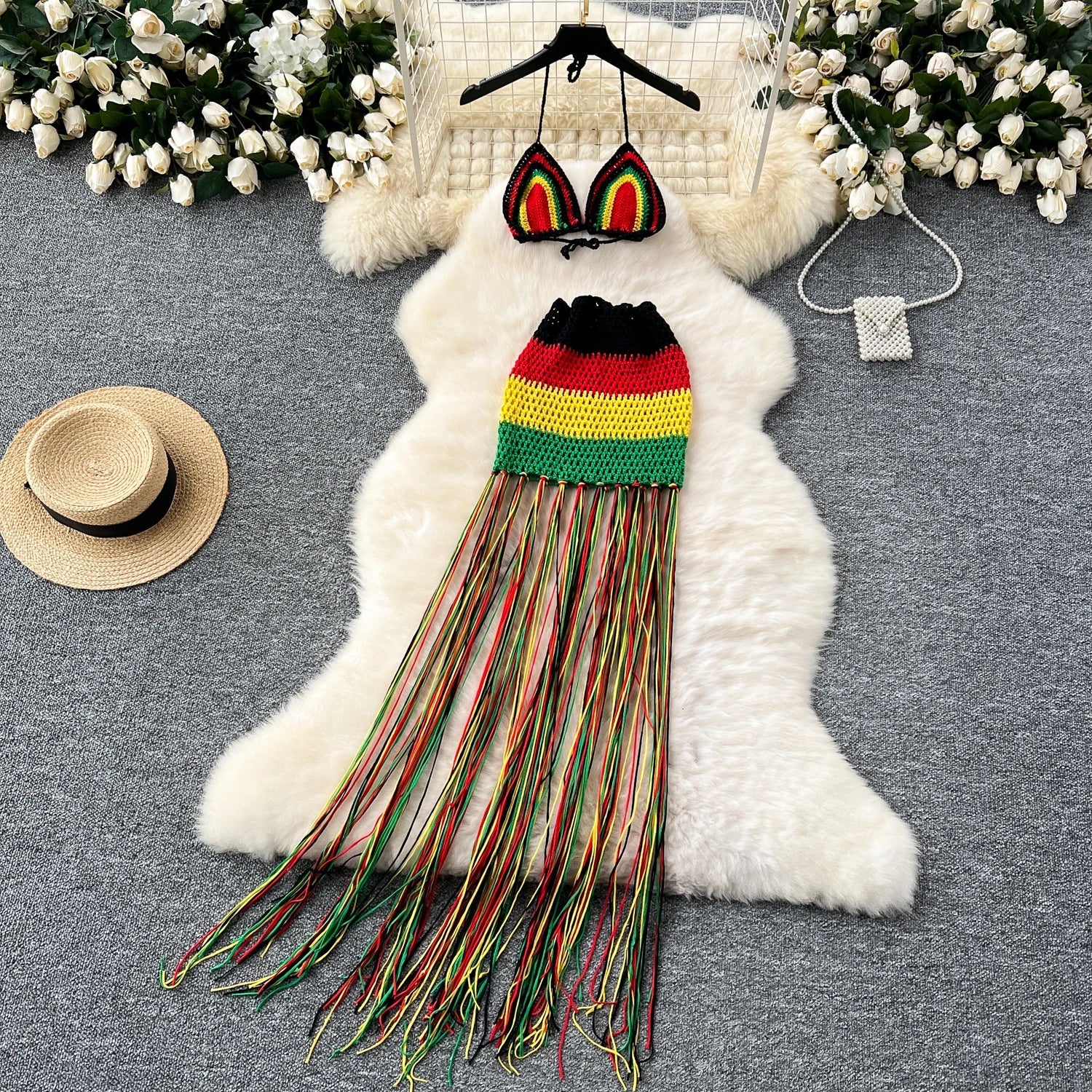 Jamaican Gyal Tassel Knitted Skirt Set