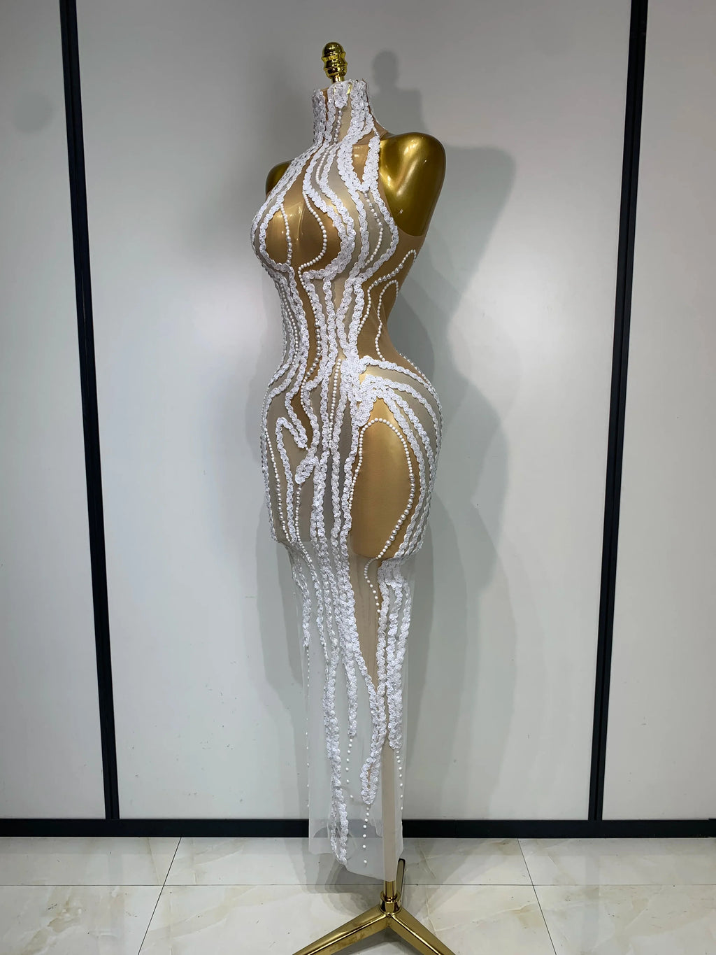 Pearl Sequined Mesh Maxi Dress