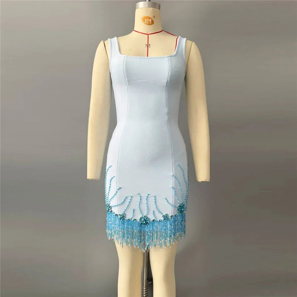 Crystal Embellished Fringe Bandage Mini Dress