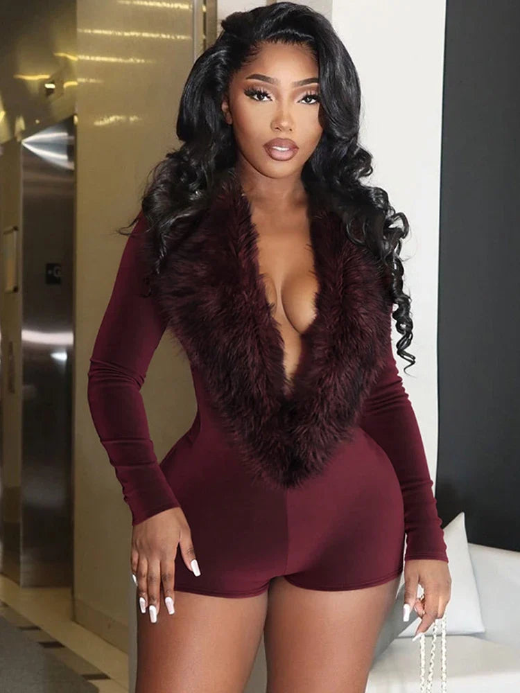 Luxe Fur Deep V-Collar Romper