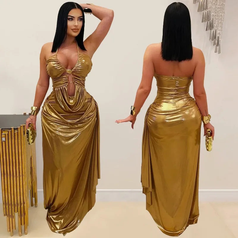 Gold Metallic Ruched Maxi Dress