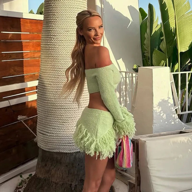 Knit Sweater Fringe Skirt Set