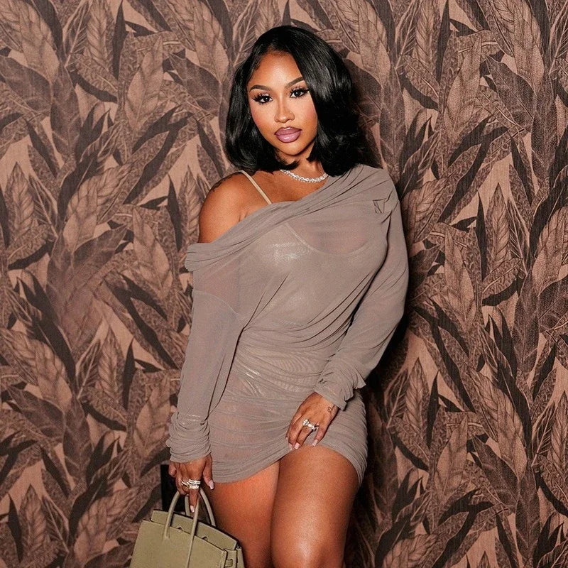 Off Shoulder Mesh Sheer Mini Dress