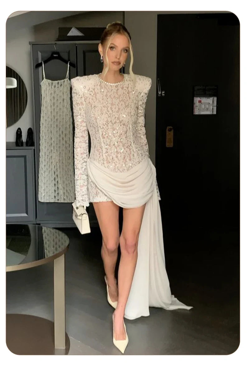 Opulent White Sequins Mini Dress
