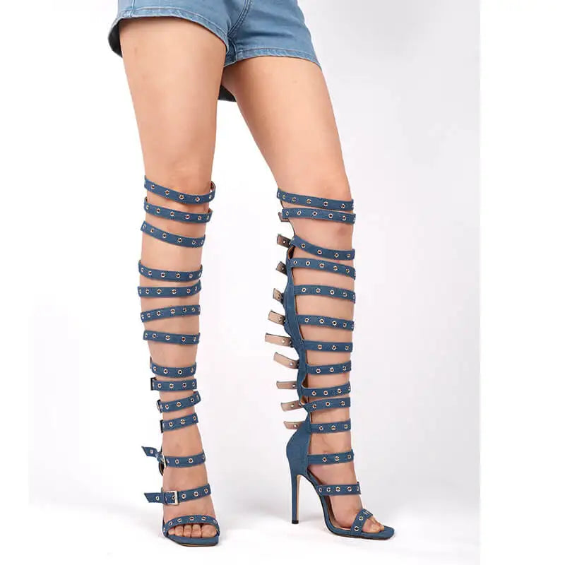 Denim Buckle Stiletto Boot Sandals
