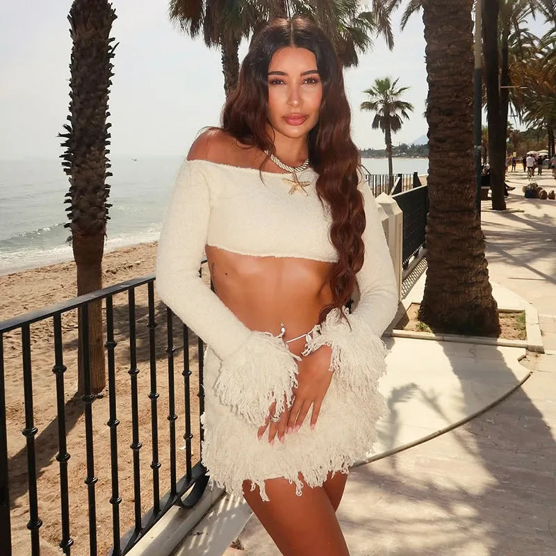 Knit Sweater Fringe Skirt Set