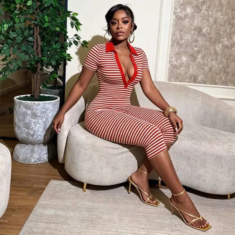 Deep V-Neck Striped Romper