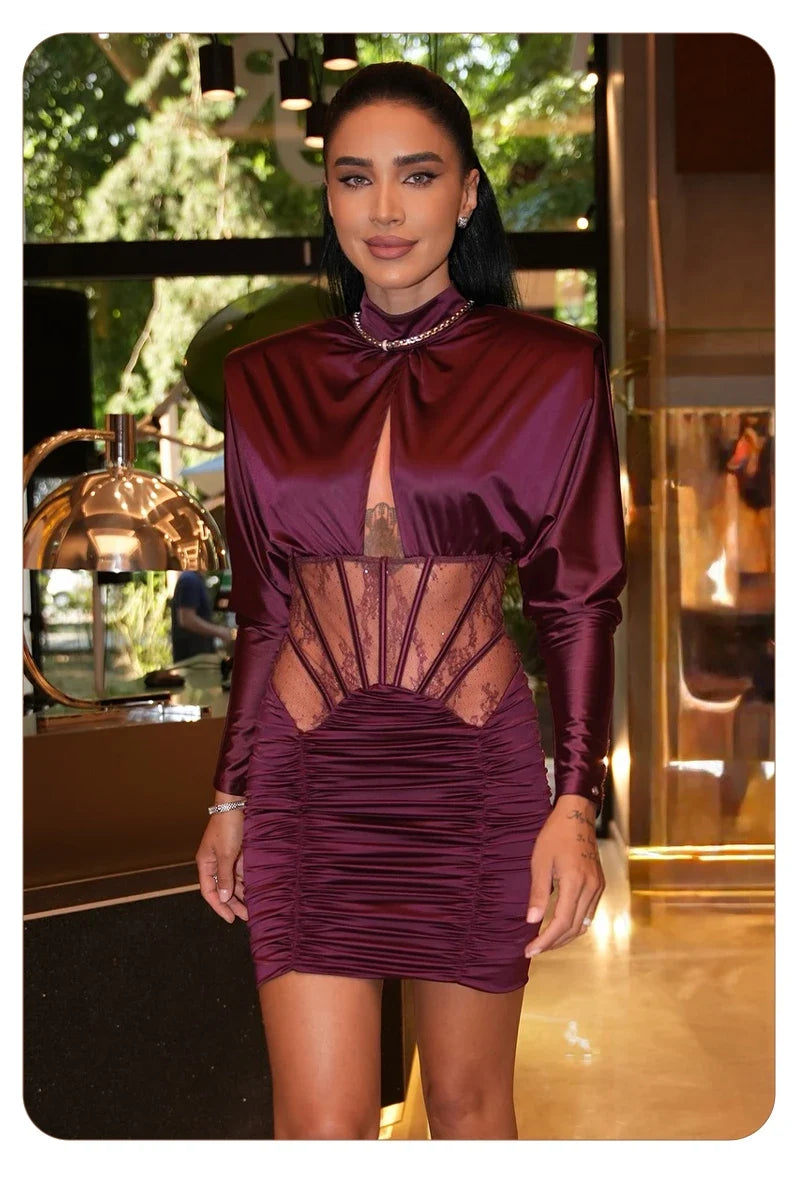 Burgundy Satin Corset Ruched Dress