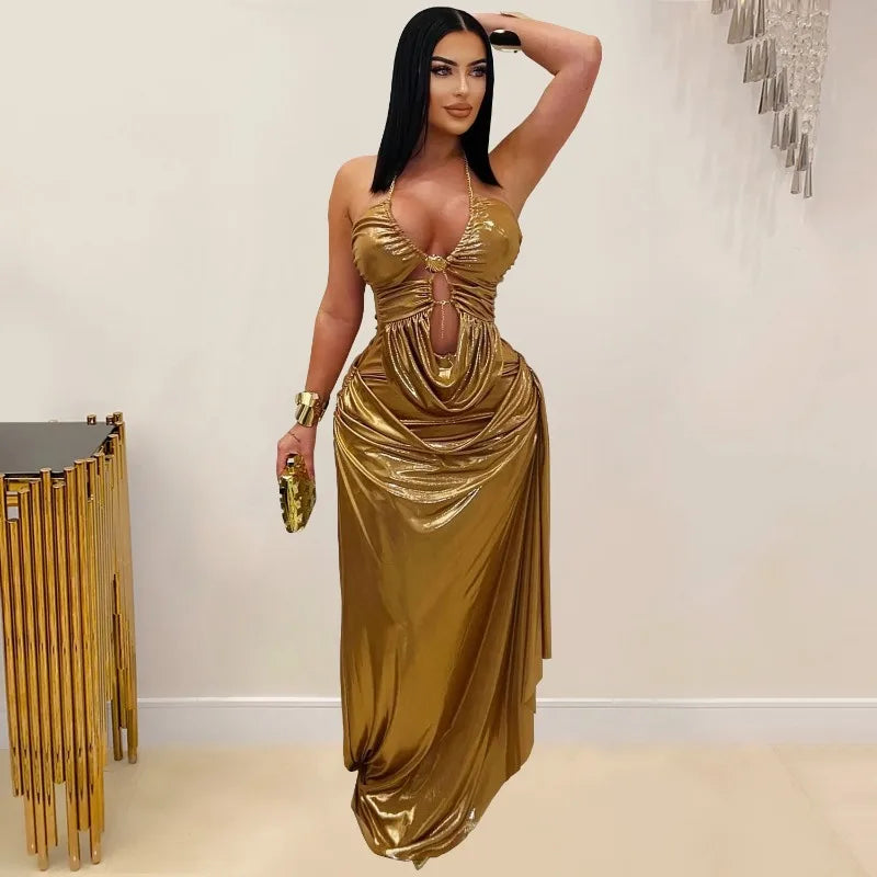 Gold Metallic Ruched Maxi Dress