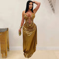Gold Metallic Ruched Maxi Dress