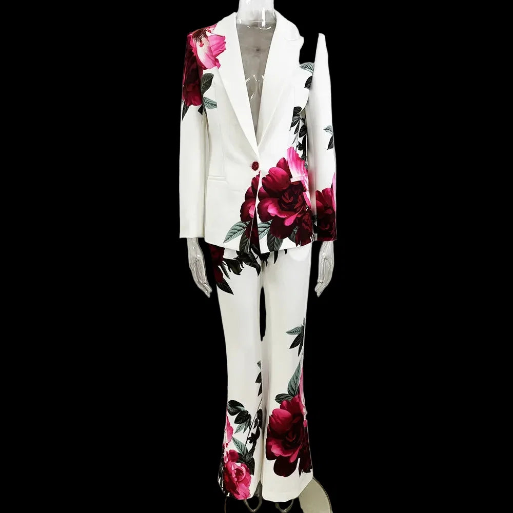 Flower Print Blazer Pants Set