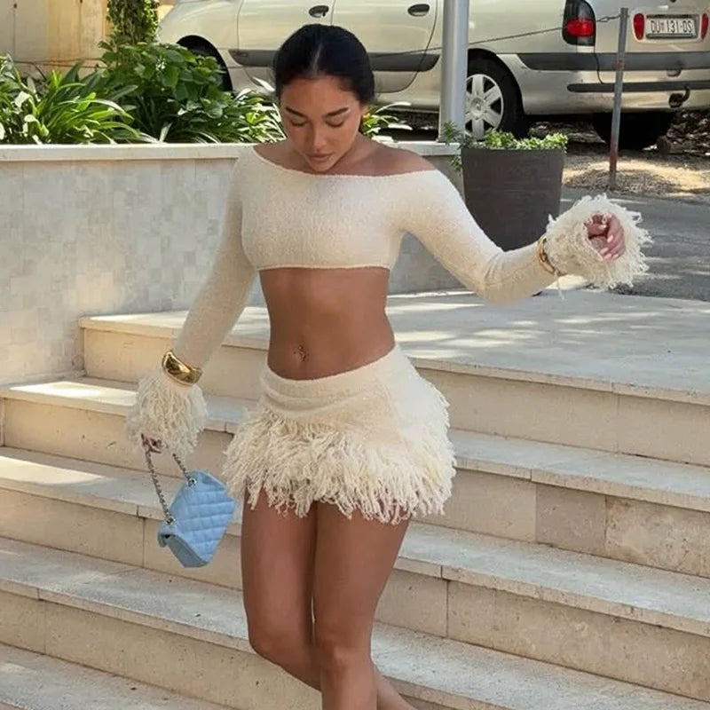 Knit Sweater Fringe Skirt Set