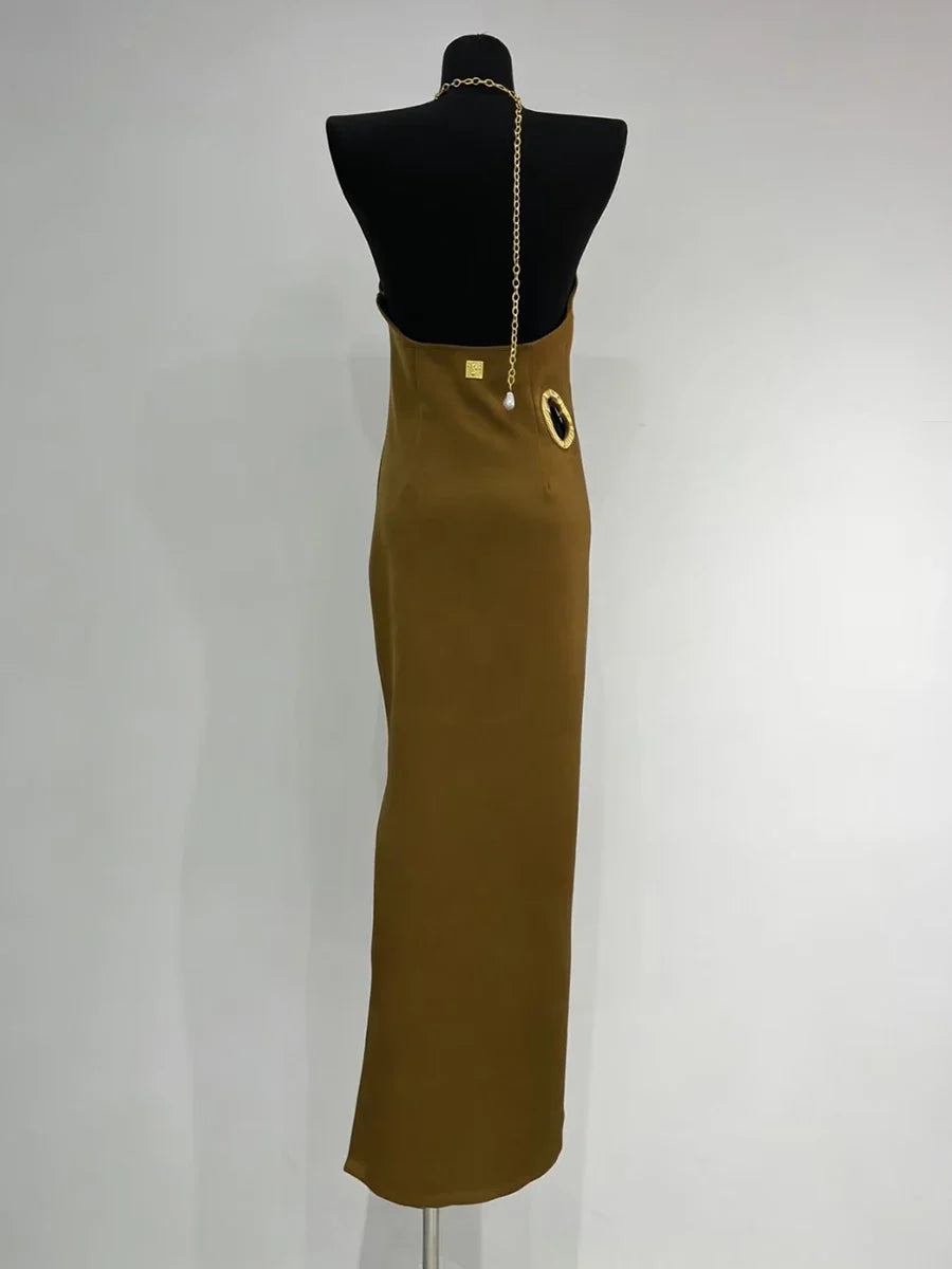 Gold Trim Cutout Knit Maxi Dress
