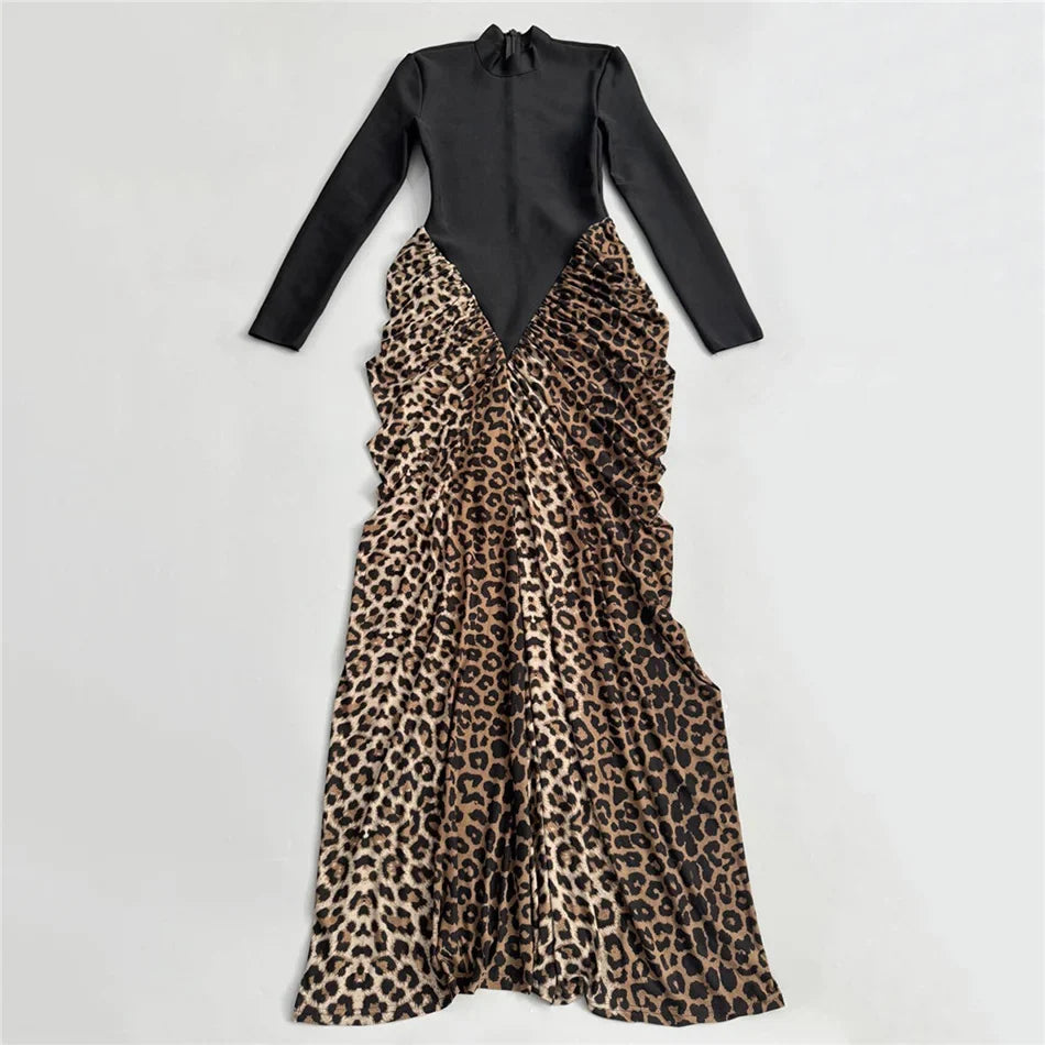 Leopard Pleated Bandage Maxi Dress