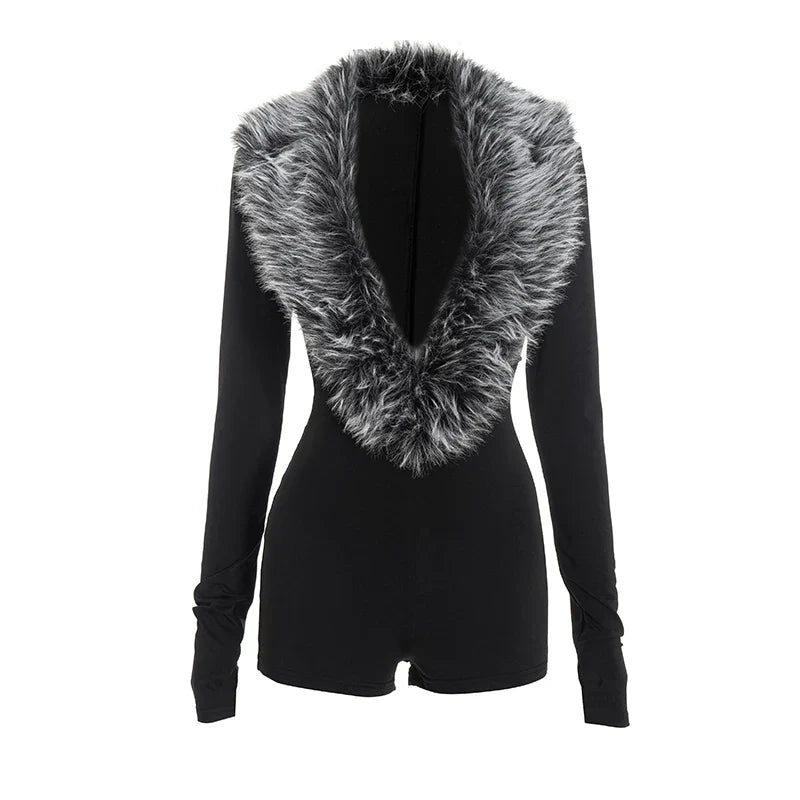 Luxe Fur Deep V-Collar Romper
