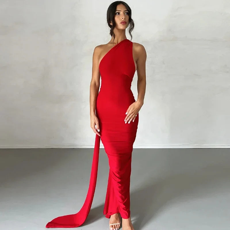 Oblique Backless Ruched Maxi Dress