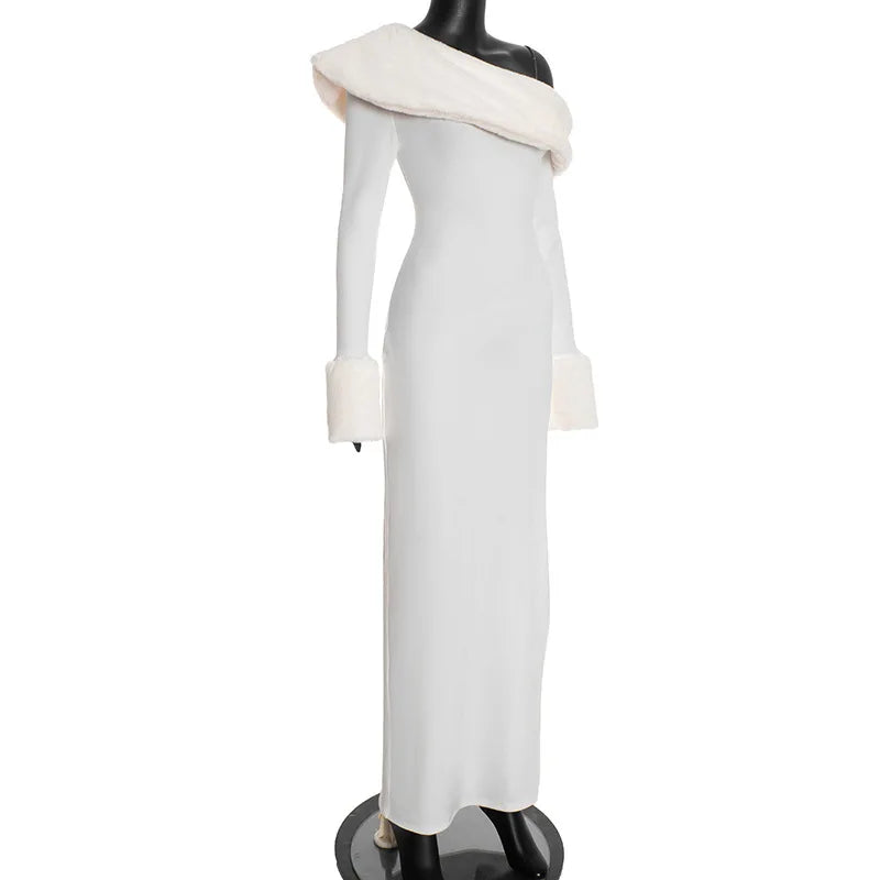 Fur Collar Off One Shoulder Bodycon Dress