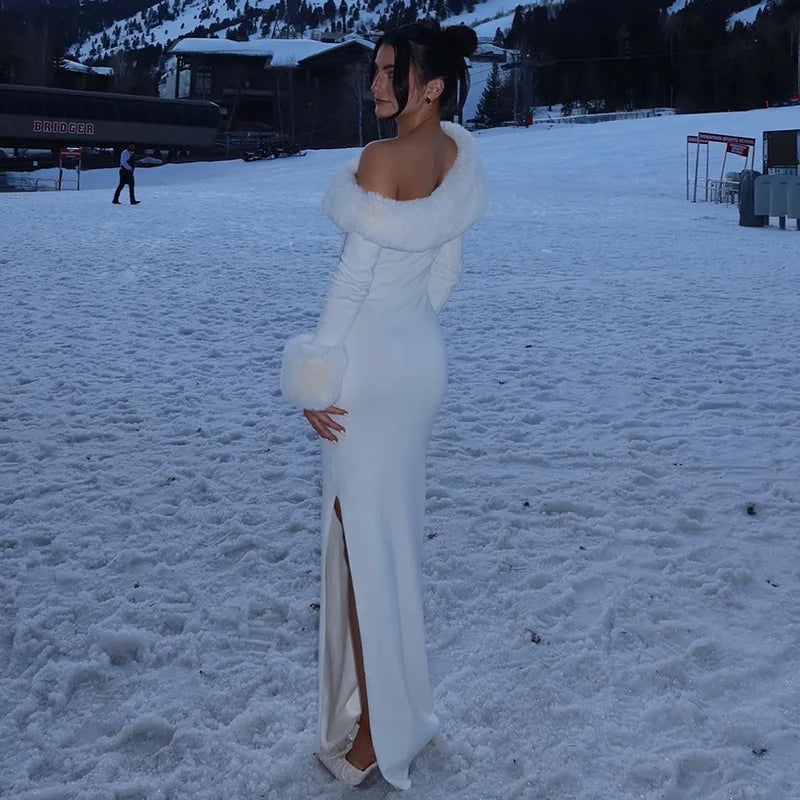 Fur Collar Off One Shoulder Bodycon Dress