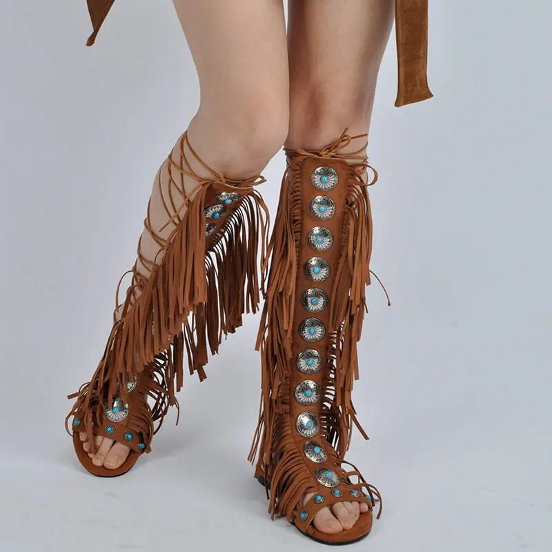 Lace Up Fringe Sandals