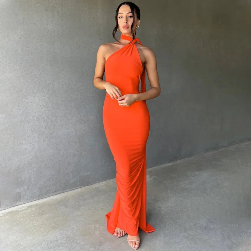 Oblique Backless Ruched Maxi Dress