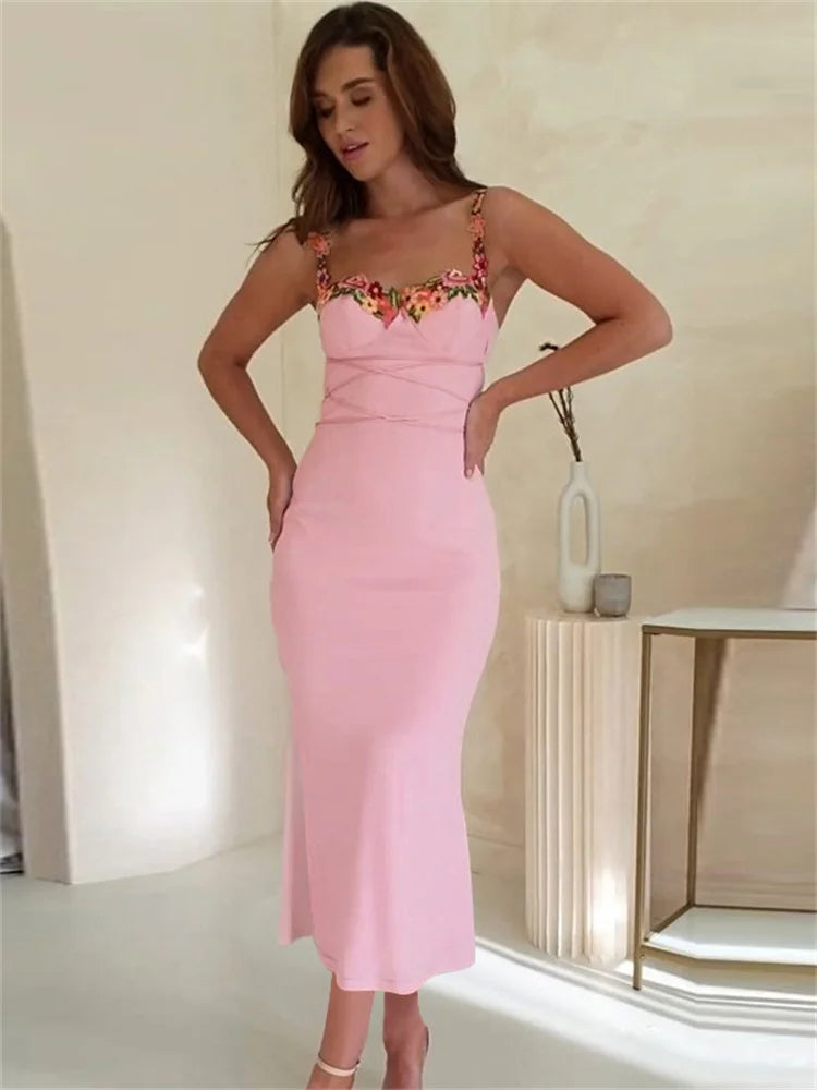 Embroidered Flowers Midi Dress