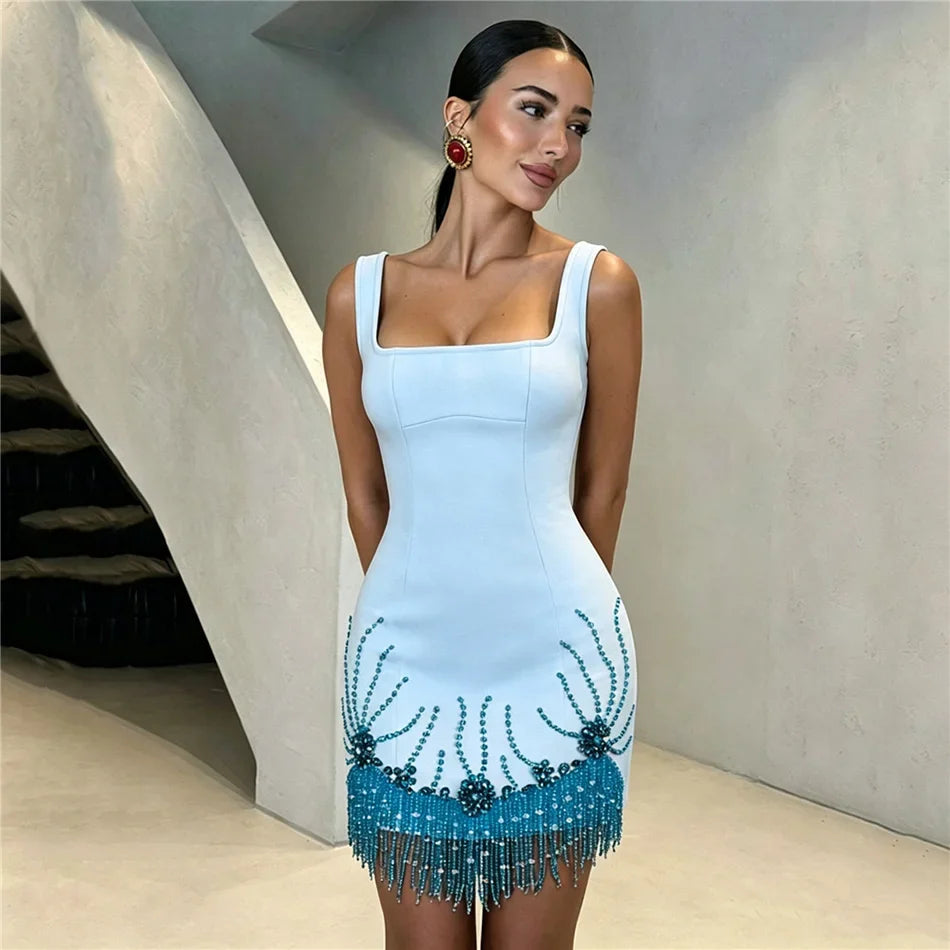 Crystal Embellished Fringe Bandage Mini Dress