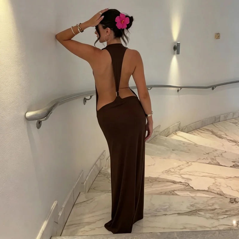 Gold Ring Backless Maxi Dress