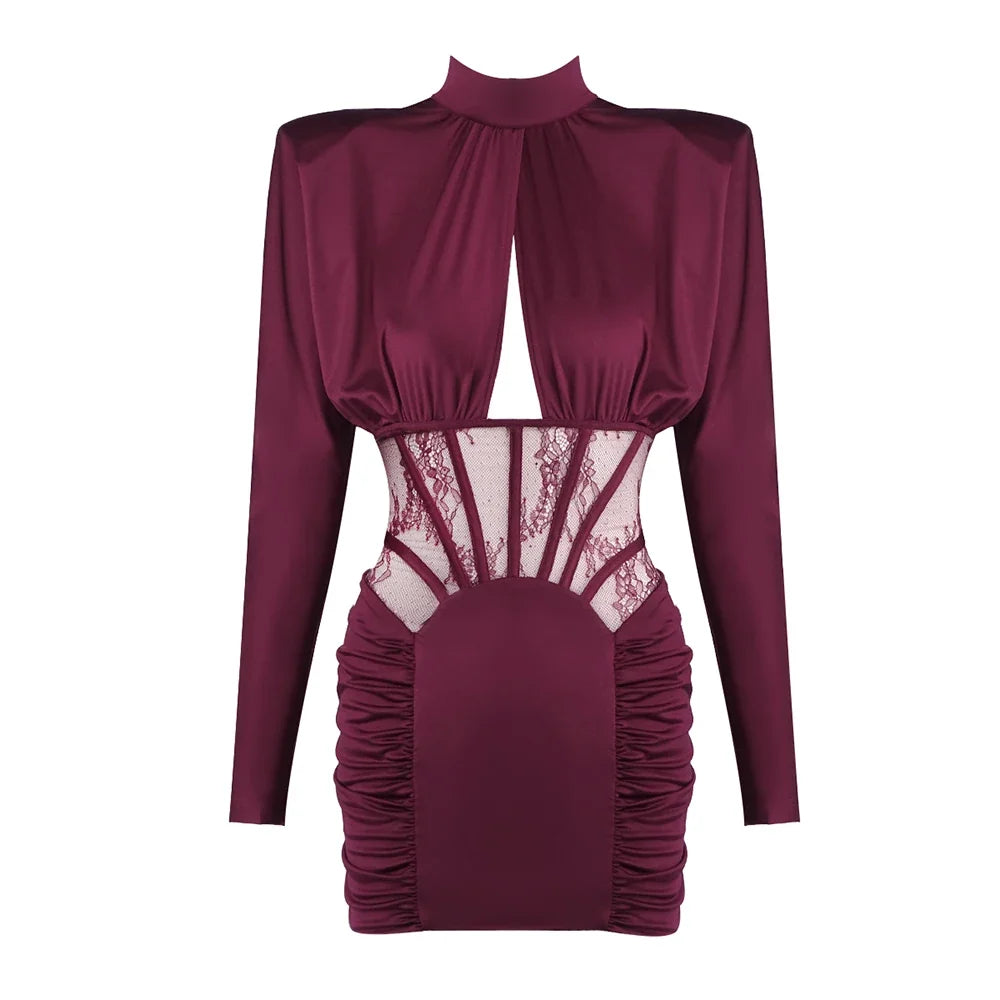 Burgundy Satin Corset Ruched Dress