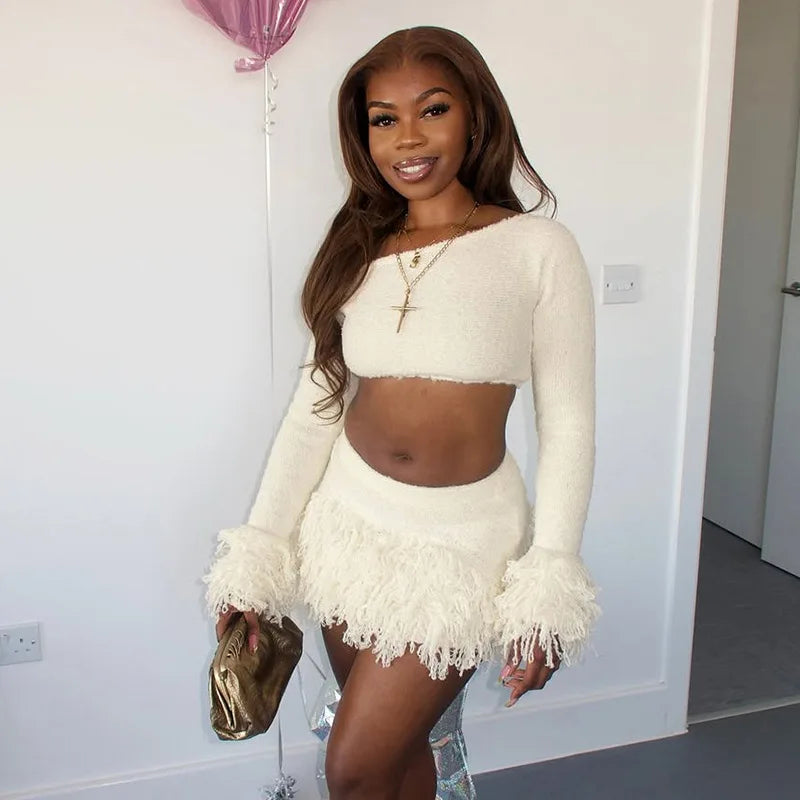 Knit Sweater Fringe Skirt Set