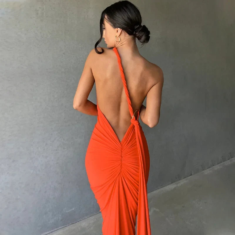 Oblique Backless Ruched Maxi Dress