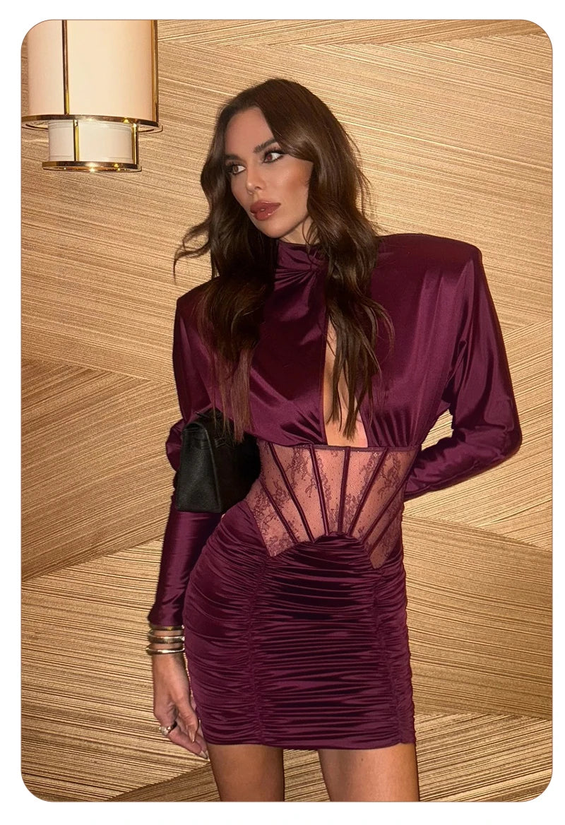 Burgundy Satin Corset Ruched Dress