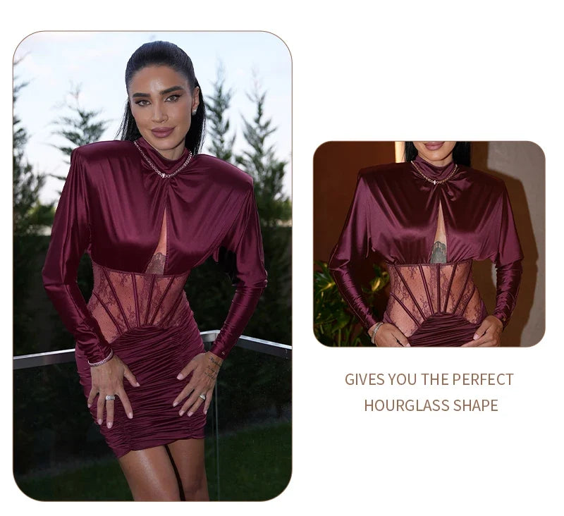 Burgundy Satin Corset Ruched Dress