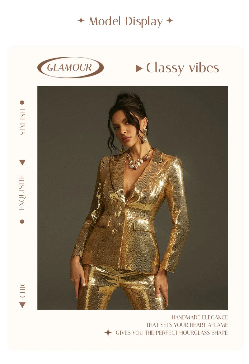 Luxury Gold Sequin Blazer Pants Set