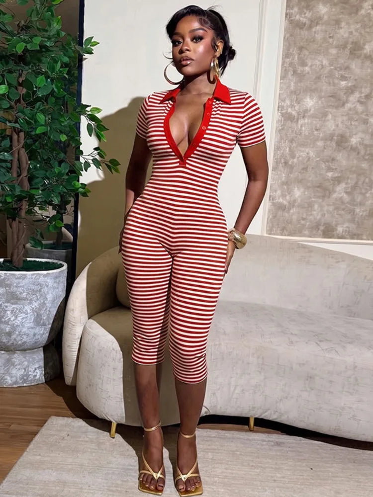 Deep V-Neck Striped Romper