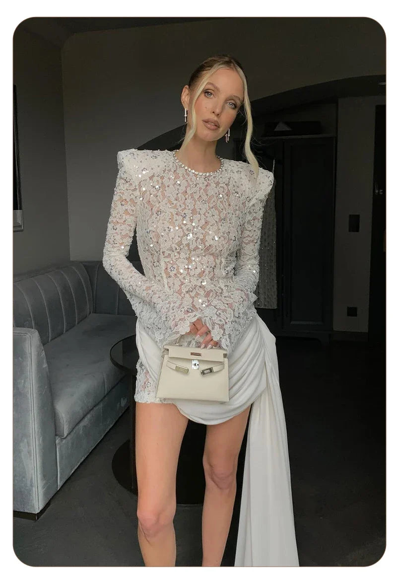 Opulent White Sequins Mini Dress