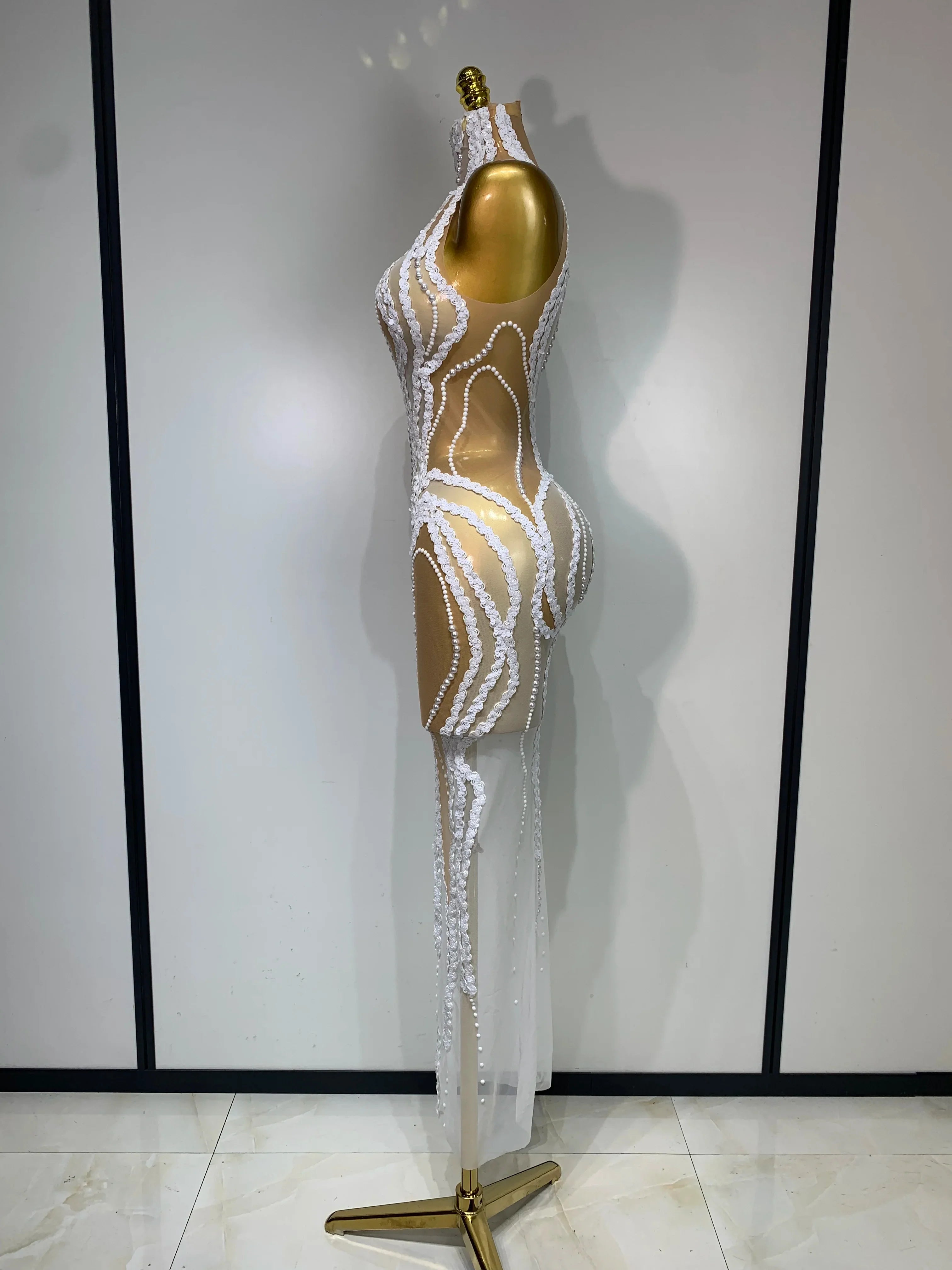 Pearl Sequined Mesh Maxi Dress