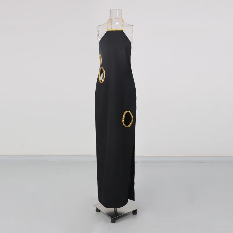 Gold Trim Cutout Knit Maxi Dress