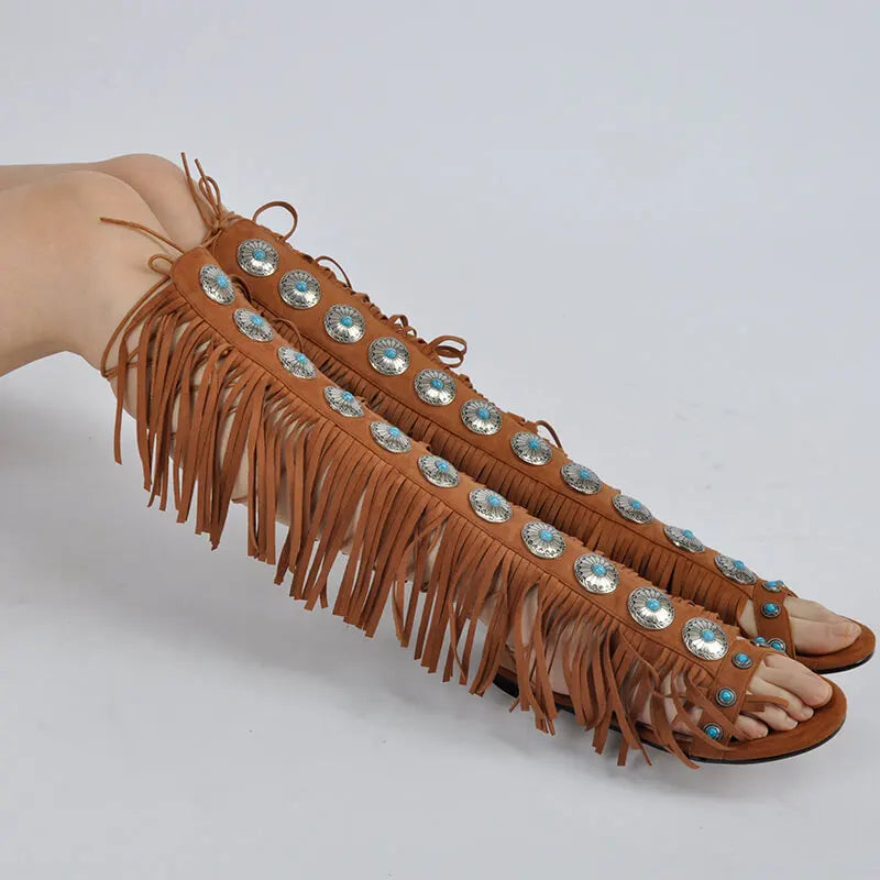 Lace Up Fringe Sandals
