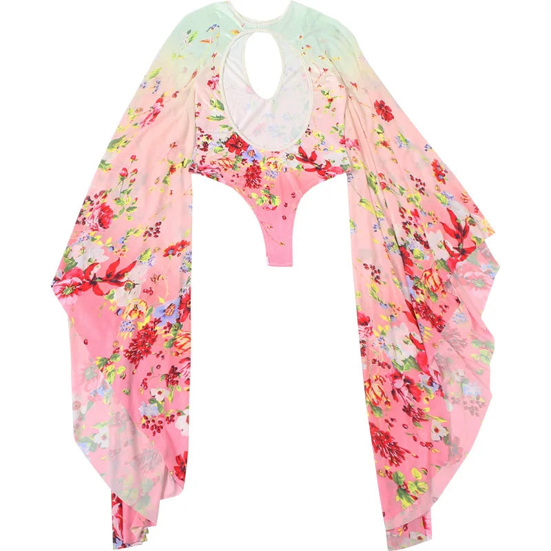 Floral Mesh Cape Sleeve Bodysuit